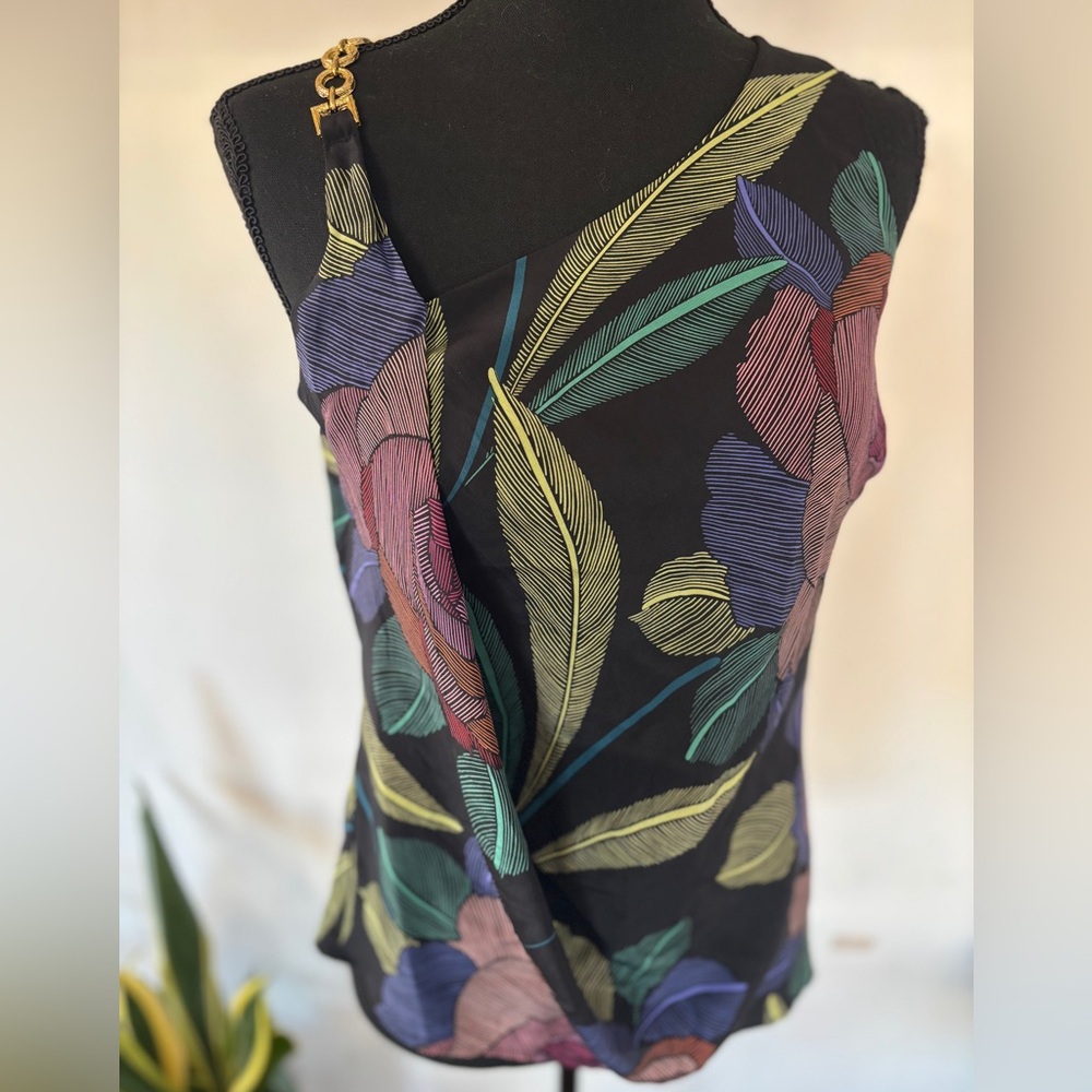 100% Silk Trink Turk Metal Sleeve Floral Tank Top Size Small - Picture 1 of 5